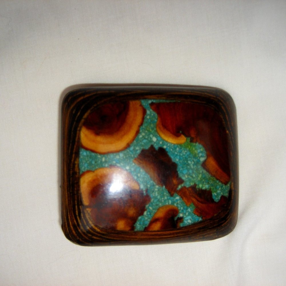 VINTAGE WOOD INLAID BELT BUCKLE TRIPLETT & BOGGS 1979